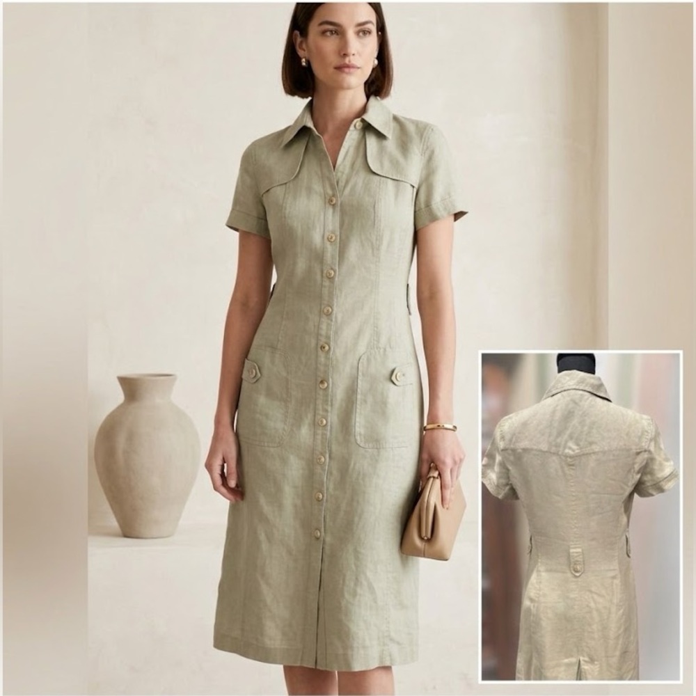 Anne Klein A-Line 100% Linen Safari Shirt Dress Khaki Green Utility Midi Size 4